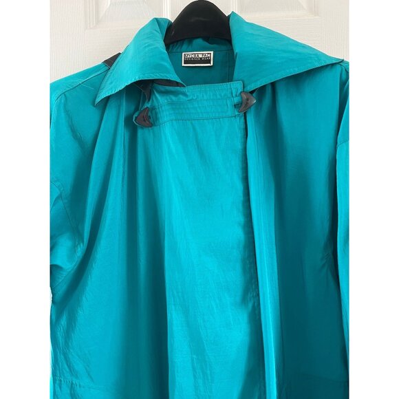 Vtg MYCRA PAC Designer Wear Raincoat Coat Hooded Turquoise & Black Teflon Fabric - Picture 7 of 10